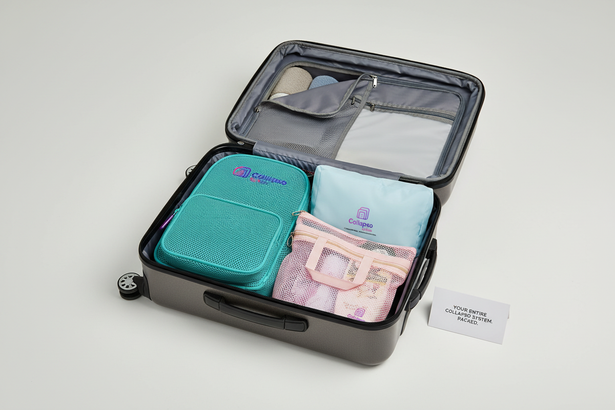 Collapso complete travel system stored in one suitcase